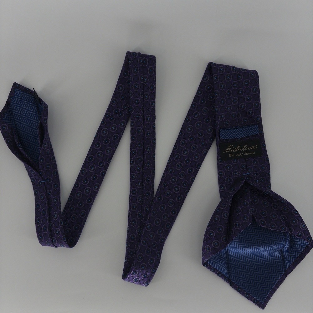 Michelsons of London Seven Fold Tie Pure Silk Purple Medallion Blue Herringbone